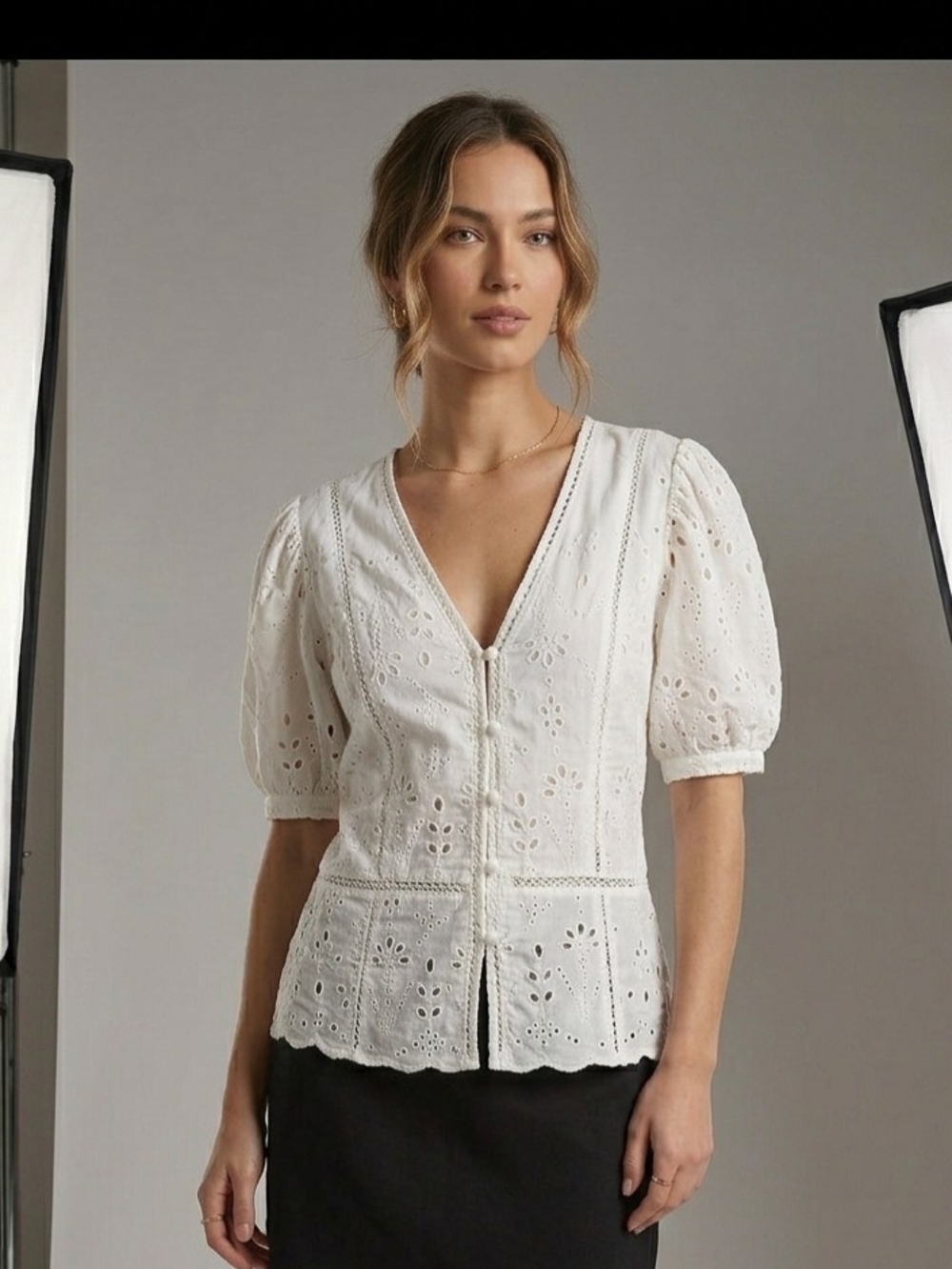 H & M Women's White Eyelet V-Neck Puff Sleeve Top
